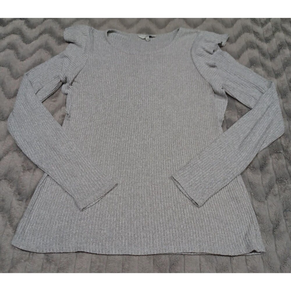 Lucky Brand Womens Size L Gray Ruffle Long Sleeve Ribbed Knit Shirt